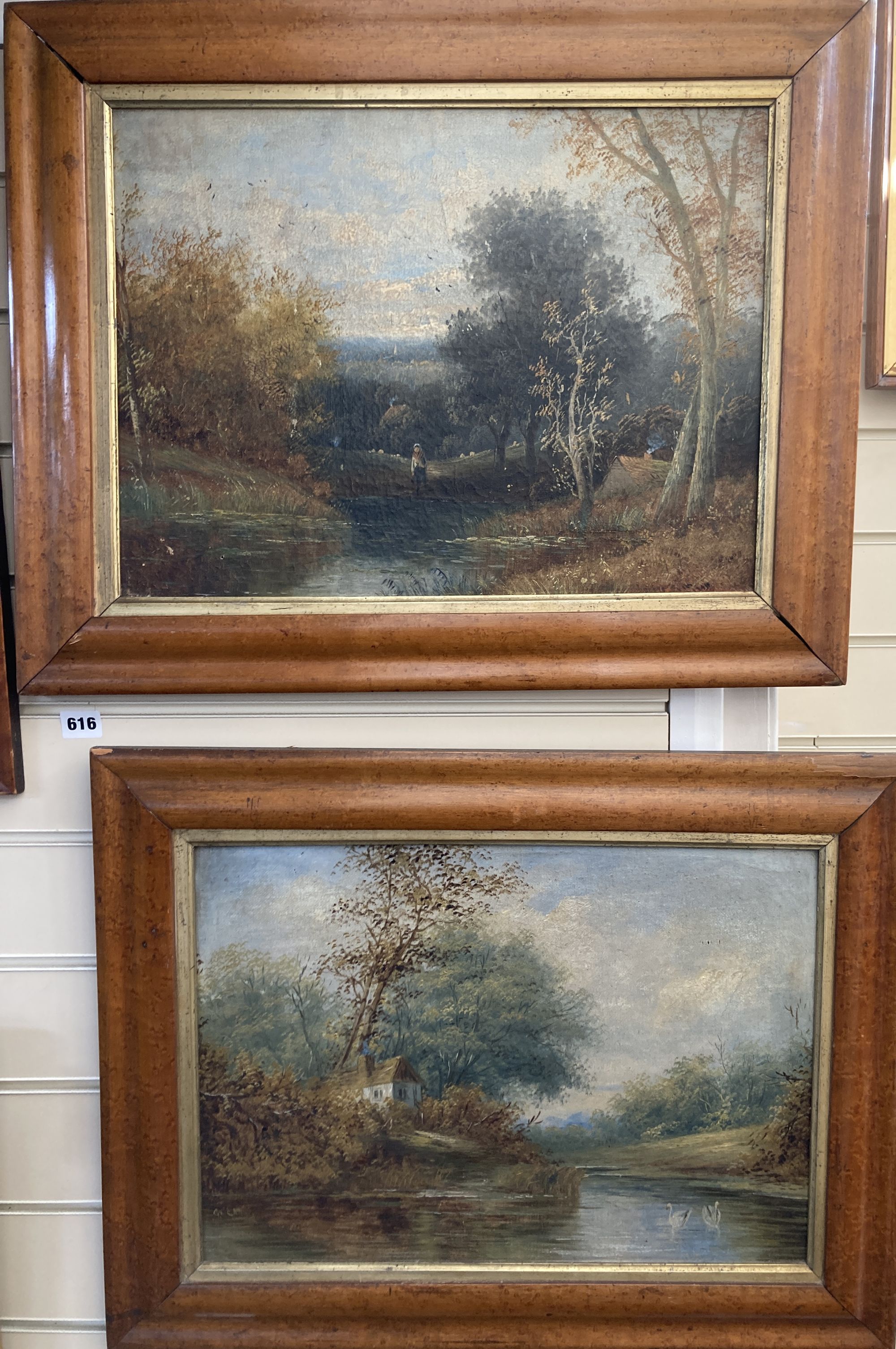 G.C. Earp, pair of oils on canvas, River landscapes, one signed, 34 x 48cm, maple framed